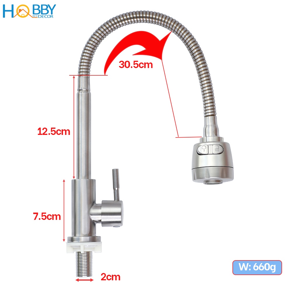 Ảnh Vòi rửa chén đầu tăng áp thân uốn cong inox 304 Hobby Home Decor LXL 2