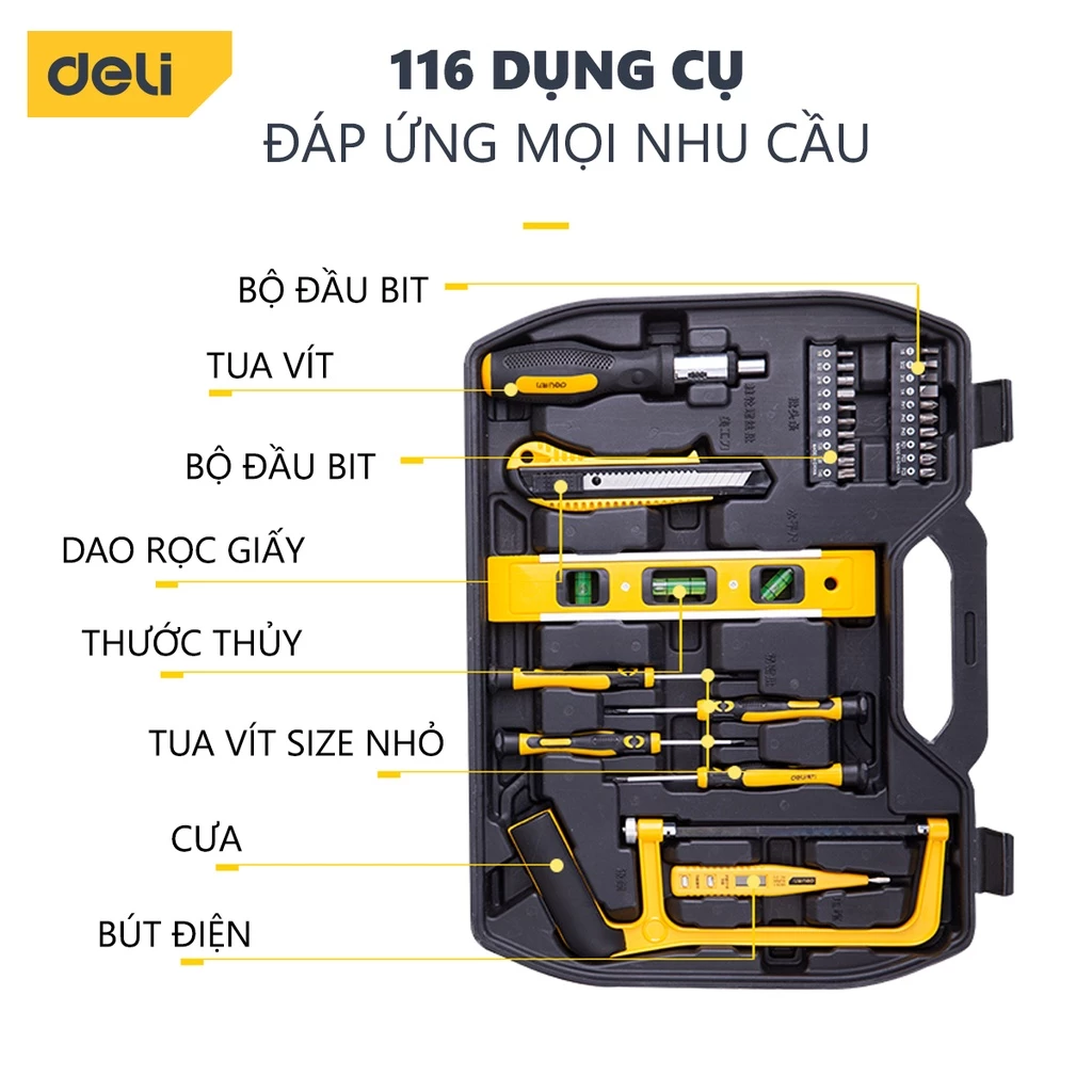 Bộ Dụng Cụ Sửa Chữa Nhiều Chi Tiết Deli Cao Cấp Hộp thùng đồ nghề đa năng - Công cụ toàn diện