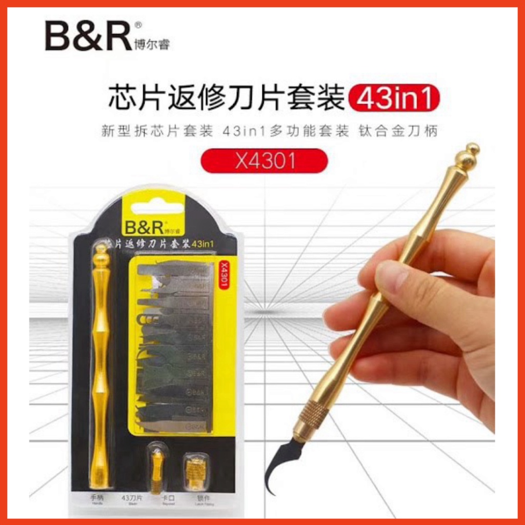 Bộ dao đục tách ic vệ sinh keo B&R X4301, gồm cán và 43 lưỡi dao