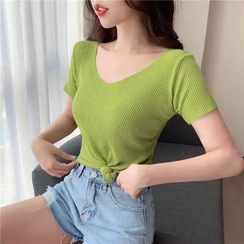 Ảnh Áo thun Daduhey dáng ôm cổ chữ V màu trơn size lớn thời trang cho nữ 1