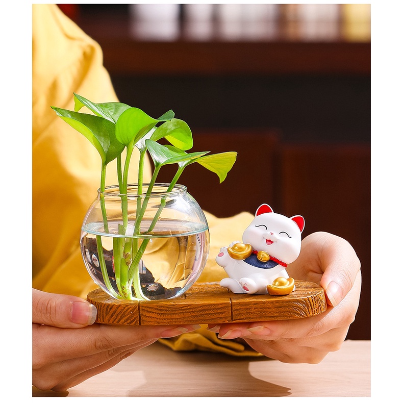Bộ decor Mèo thần tài may mắn kết hợp cùng bình thủy sinh trang trí nhà, bàn làm việc góc học tập giúp mang lại may mắn