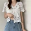 Woke Nữ Phong Cách Pháp Tay Ngắn Ren Shrug Rỗng Ra Móc Đan Bolero Cardigan Cổ Chữ V Nút Xuống Sheer Crop fo