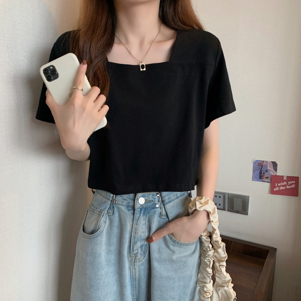 Áo Thun Tay Ngắn Cổ Vuông Dáng Rộng Thời Trang Mùa Hè Quyến Rũ Cho Nữ