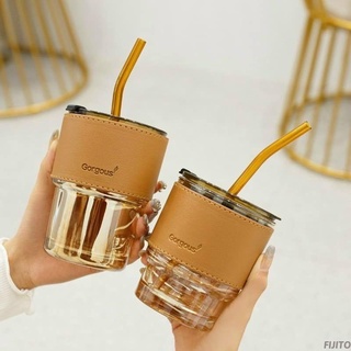 Cốc thủy tinh GorGous 450ml bọc da có nắp và ống hút - pha sữa, cafe sang chảnh chống bỏng