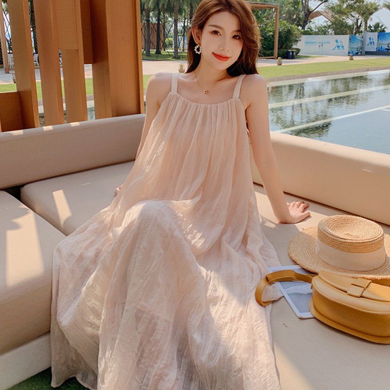 Váy đi biển LUHAZO kiểu Hàn Quốc màu trắng be du lịch đi chơi hàng quảng châu váy trắng kín đáo 6103 DK14T303 spe