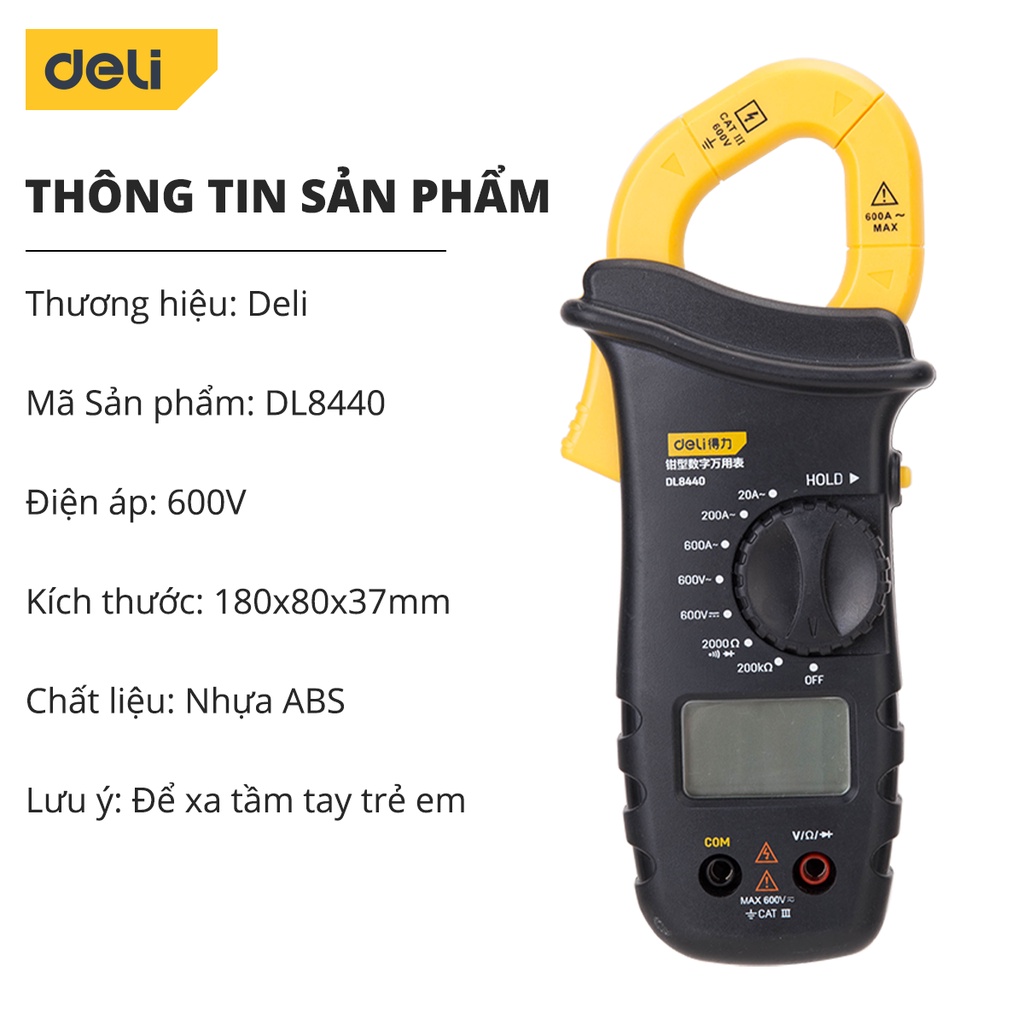 Đồng Hồ Kẹp Đo Dòng Điện Ampe 600V Deli Chuyên Dụng Chính Hãng - Độ Chính Xác Cao, Dễ Dàng Sử Dụng