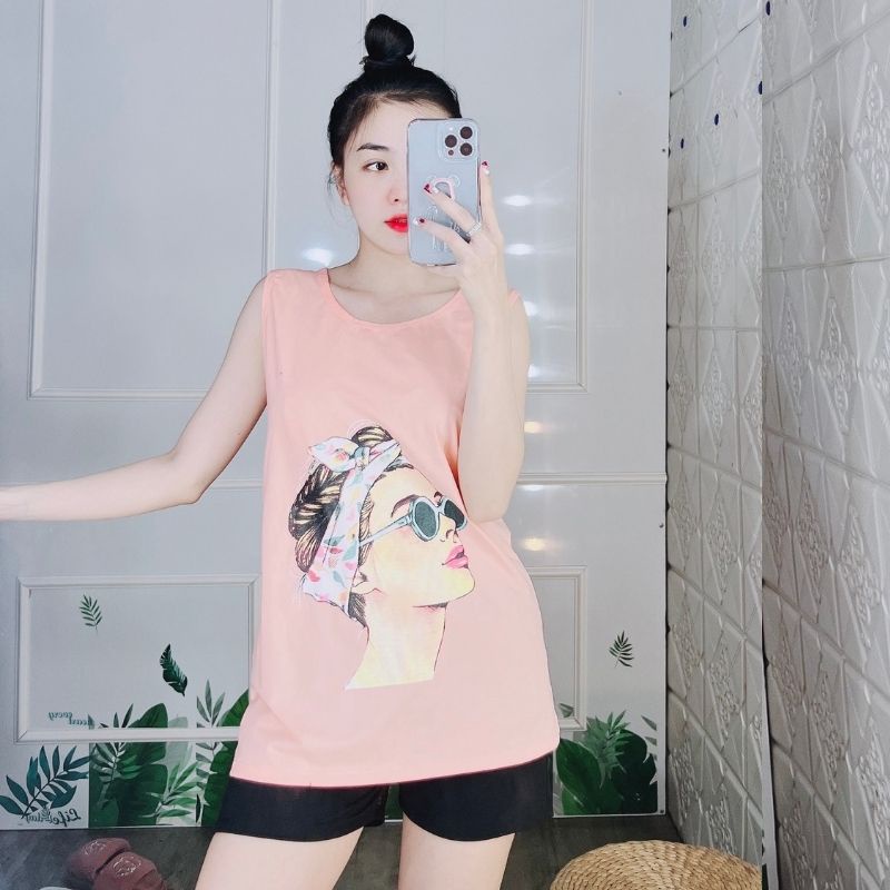 Đồ Bộ Nữ Mặc Nhà ESHOP BD10 Bigsize 43-85kg Áo Ba Lỗ Thun Cotton In Cô Gái, Quần Đùi Đen Dễ Thương