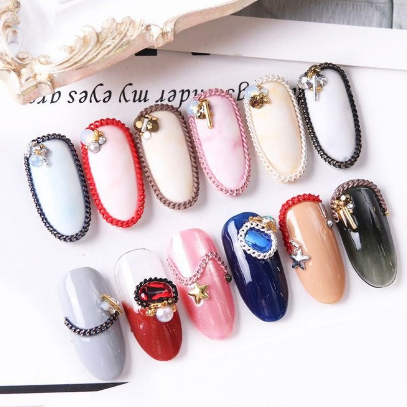 Dây xích nail trang trí móng tay - 08 mẫu dây xích nhiều màu phong cách Hàn Quốc (lẻ 1 dây)
