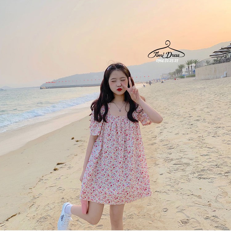Váy hoa nhí,váy hoa cổ vuông hở lưng điệu đà 2 lớp (hàng sẵn video ảnh thật) (1)