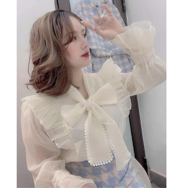 Áo Sơ Mi Nữ Kiểu Hàn Quốc Bánh Bèo Tiểu Thư Đẹp Form Rộng Bigsize Cổ Nơ  Đính Ngọc Tay Phồng Thời Trang A02 | Shopee Việt Nam