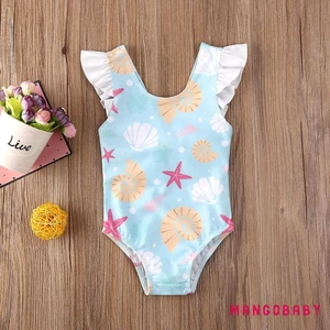 Bộ Đồ Bơi Một Mảnh Không Tay Phối Bèo Nhún In Họa Tiết Vỏ Sò Và Sao Biển Đáng Yêu Dành Cho Bé Gái