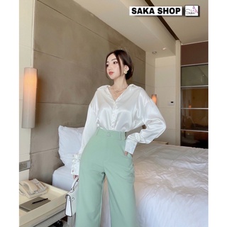 Áo sơ mi lụa nữ tay dài trắng dáng rộng dày dặn