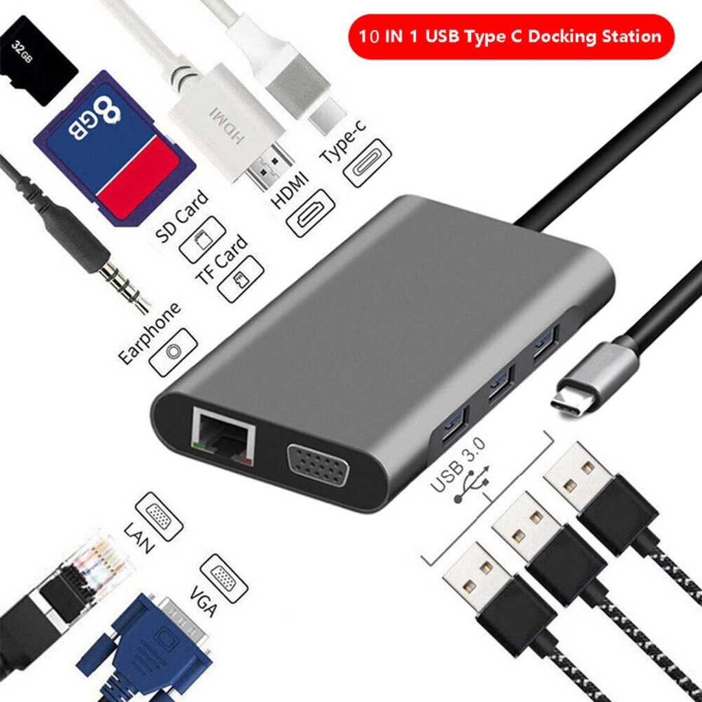 Hub Usb Trạm Nối Loại C Adapter Usb 3.0 4K Hdmi Vga RJ45 10 Trong 1 Bộ Chuyển Đổi Cho laptop táo Pro