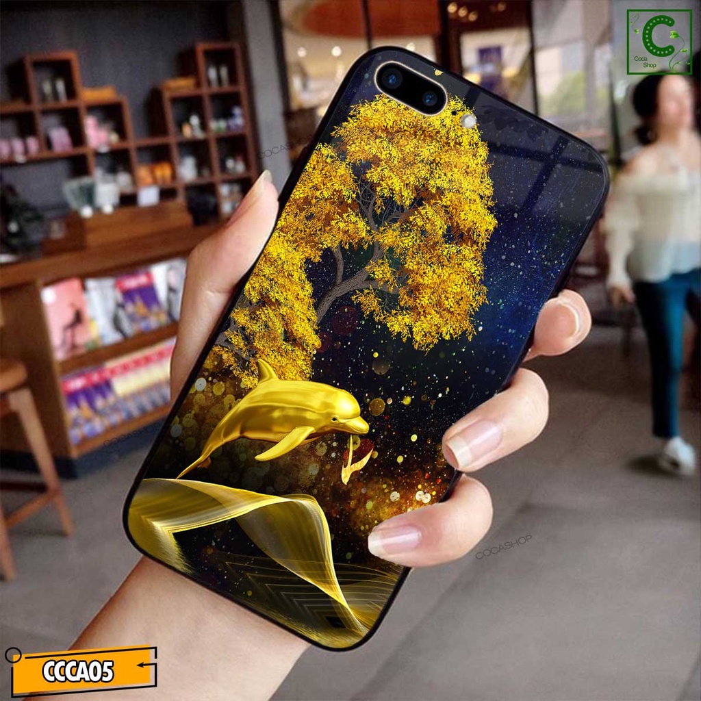 Ốp lưng iphone mặt kính cao cấp - Cá heo vàng bên cây kim tiền may mắn  - 6/6plus/6s/6splus/7/7plus/8/8plus/x/.....