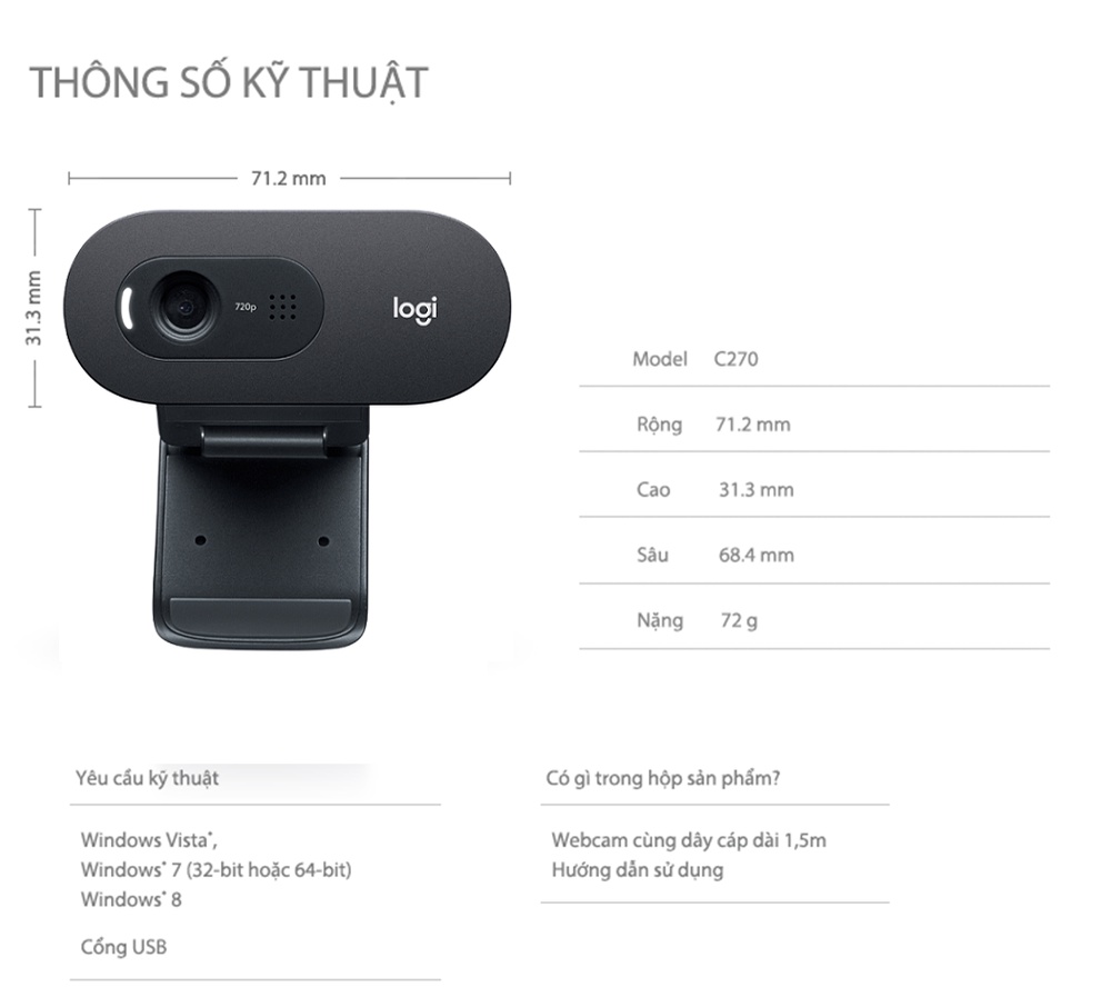 Mô tả Webcam Logitech C270 720p HD - Góc cam 55o, mic giảm ồn, tự chỉnh sáng, chụp ảnh 3MB - 4