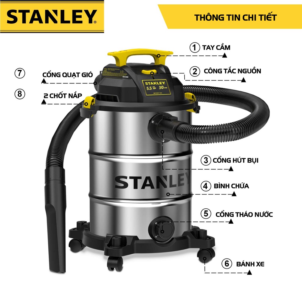 Mô tả Máy hút bụi công nghiệp khô và ướt Stanley SL19417-8A 4000W 5.5HP - bộ lọc HEPA - Bảo hành 12 tháng Kèm Phụ Kiện - 2