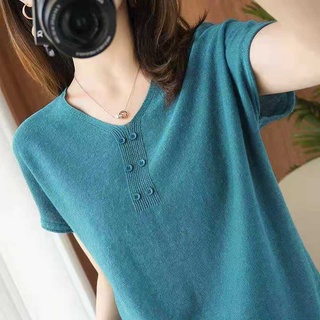 Áo thun dệt kim cổ chữ V Ice Silk Phiên bản Hàn Quốc dáng rộng mỏng hơn trông Size lớn béo MM Nữ màu trơn Nút dệt kim ngắn