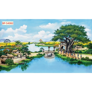 Tranh Dán tường 3D Phong Cảnh Làng Quê sông nước, ao sen, thuyền đò, cây đa đầu làng, rặng dừa