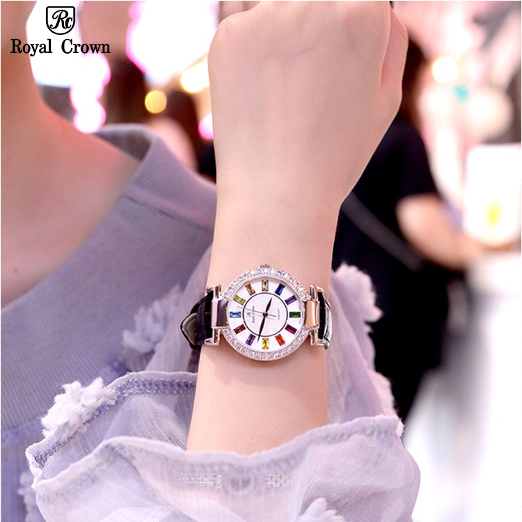 Đồng hồ nữ chính hãng dây da Royal Crown 4604 chống nước, đính đá cao cấp, đeo tay đẹp, sang chảnh
