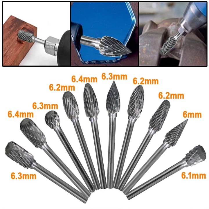 Mũi mài hợp kim cán 3ly đầu 6ly sắc bén , dùng được trên mọi chất liệu như kim loại, gỗ, nhựa, thủy tinh...
