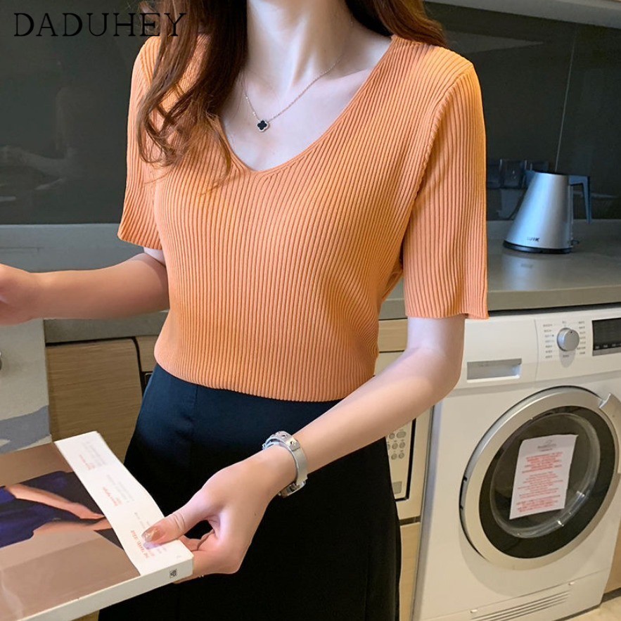 Ảnh Áo thun daduhey vải lụa lạnh tay ngắn cổ chữ V dáng ôm phong cách Hàn Quốc thời trang mùa hè mới cho nữ 4