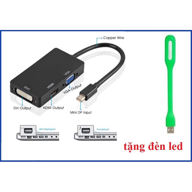 Cáp Mini Displayport to HDMI + VGA + DVI Tặng 1 đèn led cắm cổng USB ...