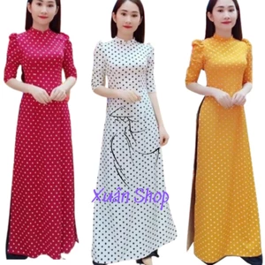 Áo dài truyền thống chấm bi tay phồng lụa hàn châu
