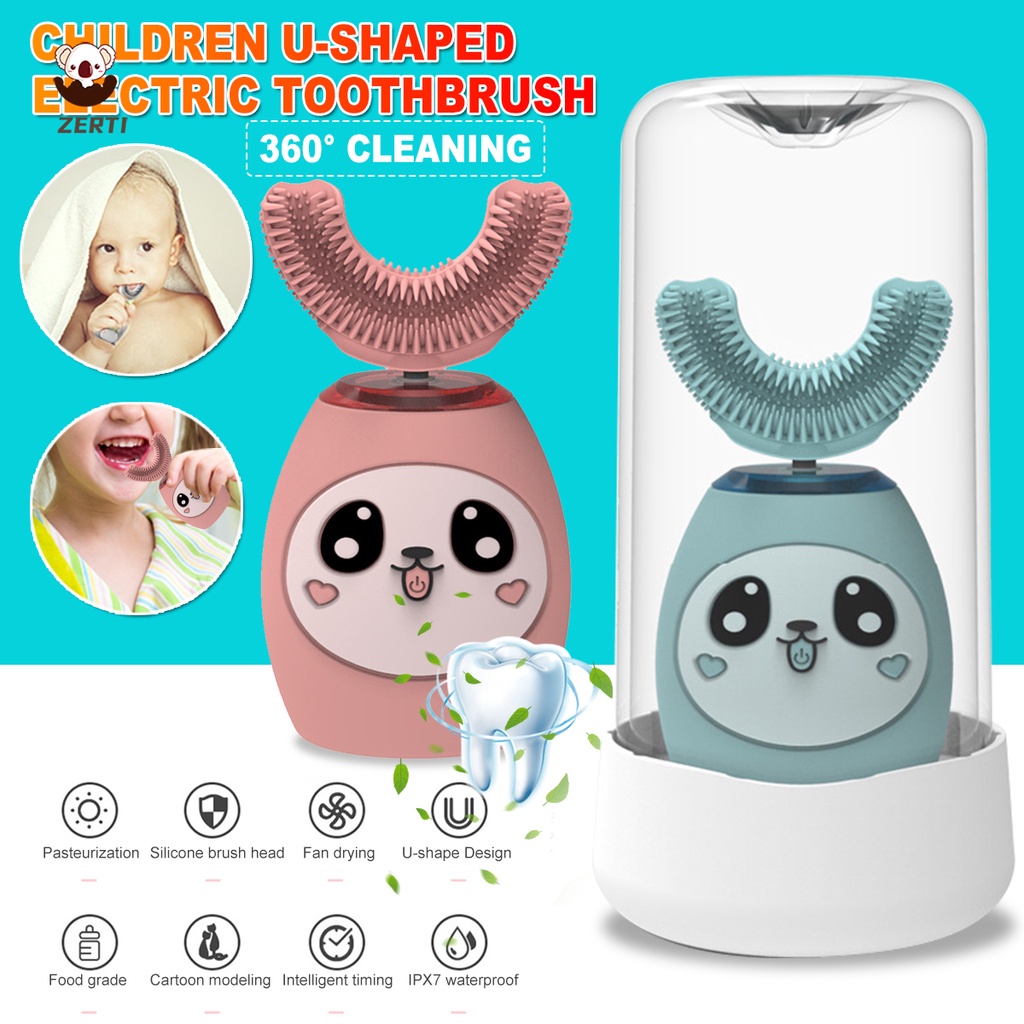 [Hàng mới lên kệ] Bàn chải đánh răng điện tự động hình chữ U 3 tốc độ chống thấm nước họa tiết hoạt hình dễ thương cho bé 2-15 tuổi
