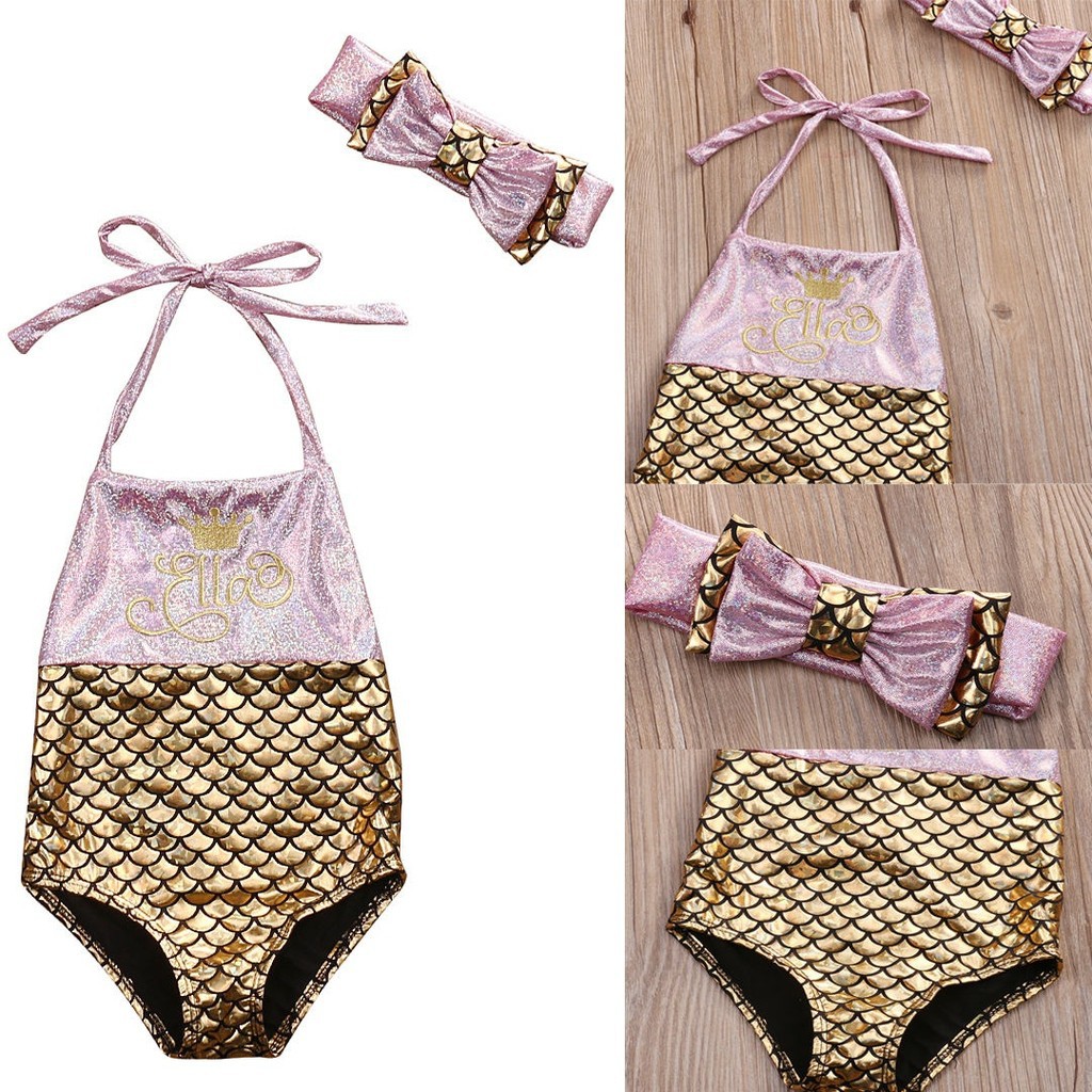 Set 2 món đồ bơi bikini phong cách nàng tiên cá phối nơ kim tuyến long lanh thời trang dành cho bé gái