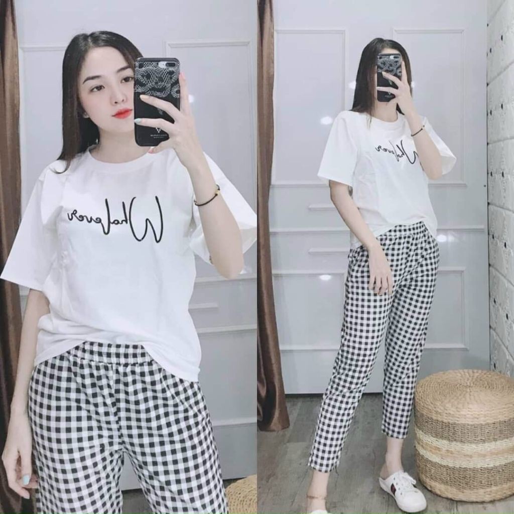 Đồ Bộ Nữ Bigsize ESHOP Đồ Mặc Nhà Thun Cotton Quần Dài Caro Thể Thao Dễ Thương Trung Niên MS901