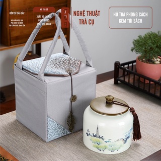 Hũ Trà Gốm Sứ Xanh Lam Mây - Binh Kèm Túi Vải Tiện Dụng - Bảo quản Trà, giữ hương thơm trà tốt