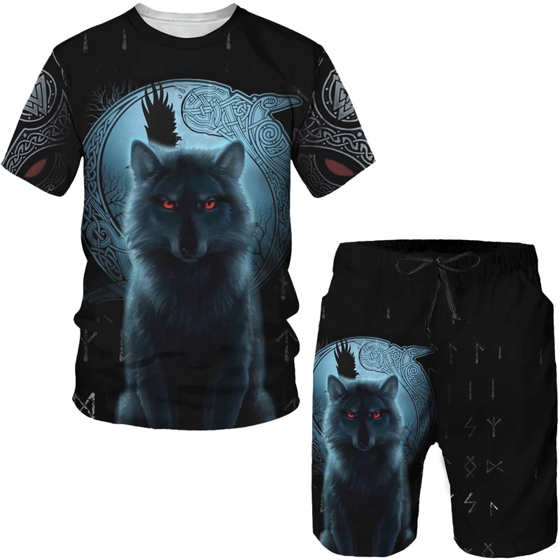 Set Đồ Thể Thao Áo Thun Tay Ngắn Cổ Tròn In Hình Sói 3D + Quần Short Phong Cách Hip Hop Thời Trang Mùa Hè Cho Nam