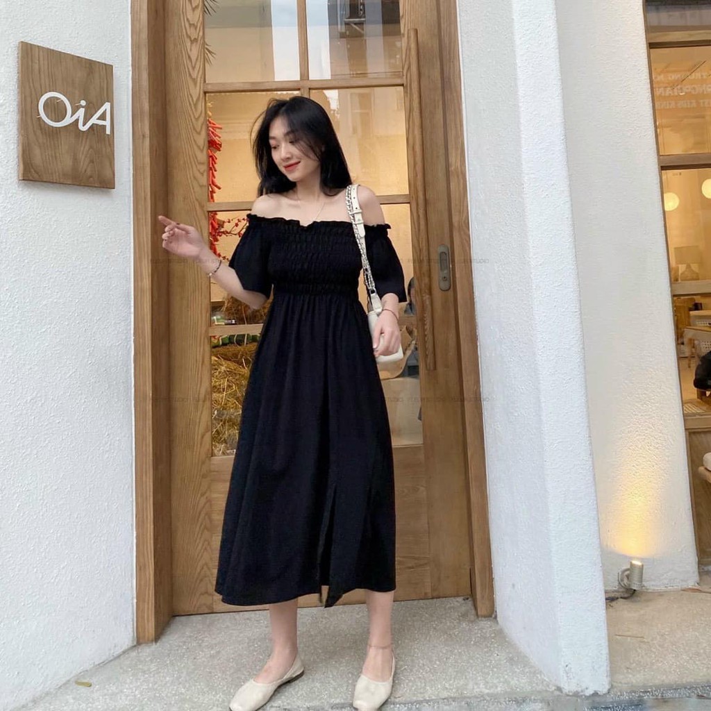 ĐẦM ĐEN DÀI DÁNG SUÔNG BO CHUN NGỰC - MARU DRESS