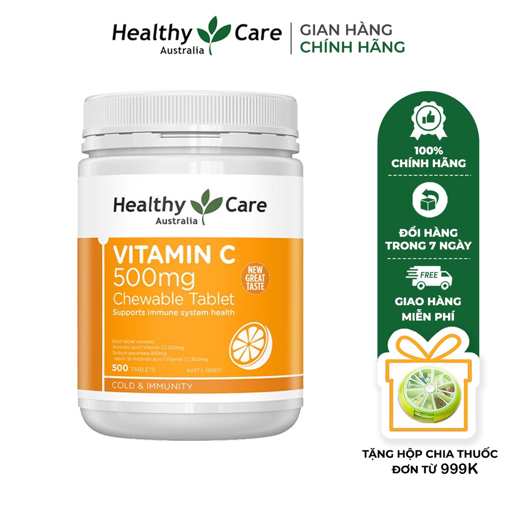 Viên nhai Healthy Care Vitamin C hỗ trợ làm đẹp da, tăng cường đề kháng, hỗ trợ sức khỏe (500 viên)