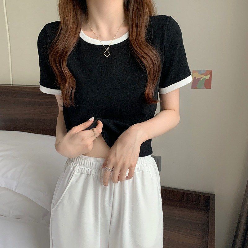 Áo thun nữ SUXI dáng croptop tay ngắn cổ tròn phối màu đơn giản thời trang mùa hè Hàn Quốc