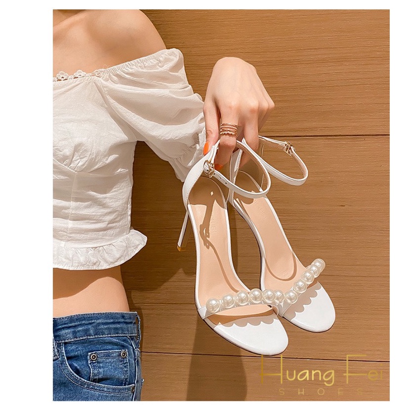 Giày Sandal Cao Gót Quai Đính Hạt Ngọc Siêu Sang 7 Phân