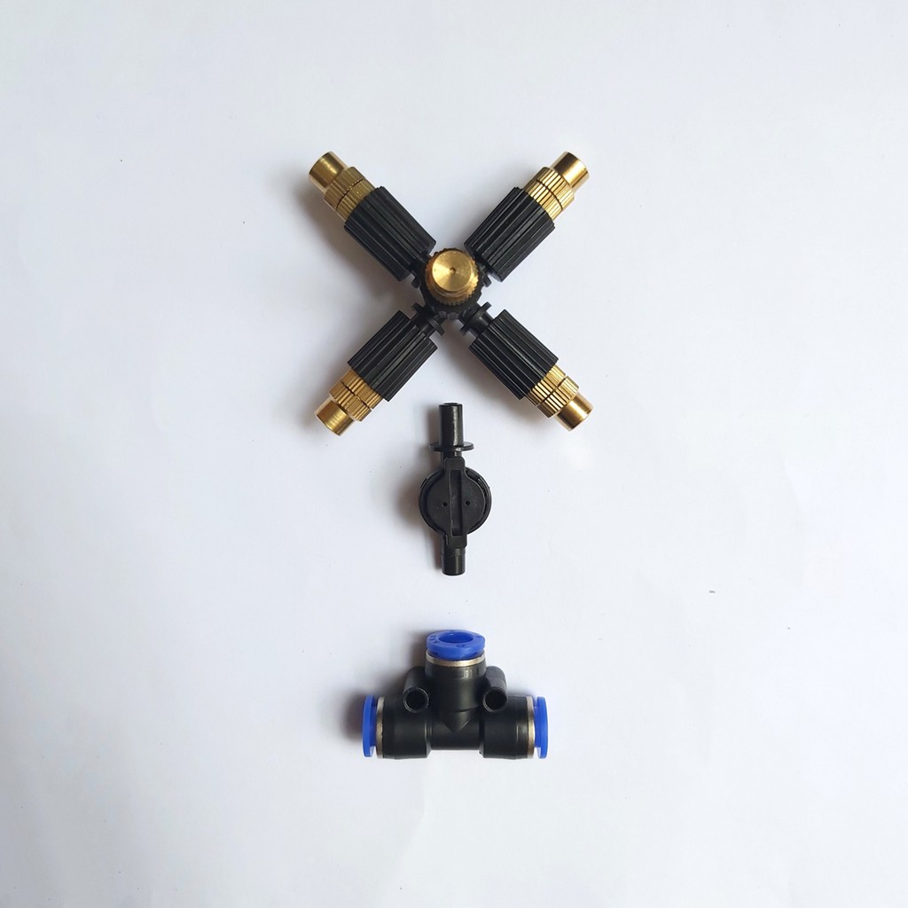 Béc Phun Sương Bằng Đồng 5 Hướng + Tê Nối Ống 8mm Và Van Chống Nhỏ Giọt