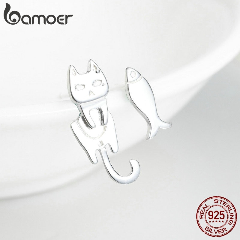 Bamoer Bông Tai bạc 925 Hình Chú Mèo Đáng Yêu Cho Nữ sce488