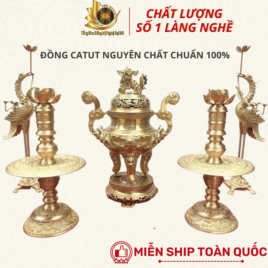 Bộ Đỉnh Đồng Catut Tam Sự Đủ Kích Thước 45, 50, 60 Đồng Nguyên Chất 100% Liền Nguyên Khối Đồ Đồng Đại Bái Freeship