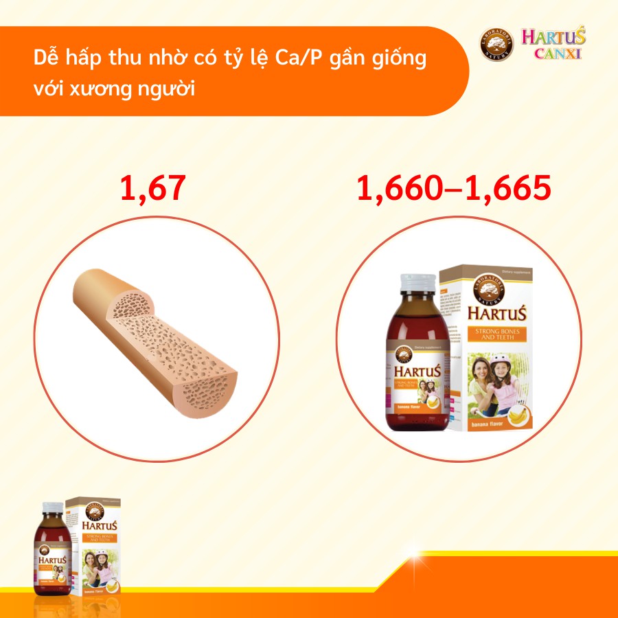 Siro Hartus Strong bones and teech vị chuối giúp bé ăn ngon bổ sung caxi chai 150ml