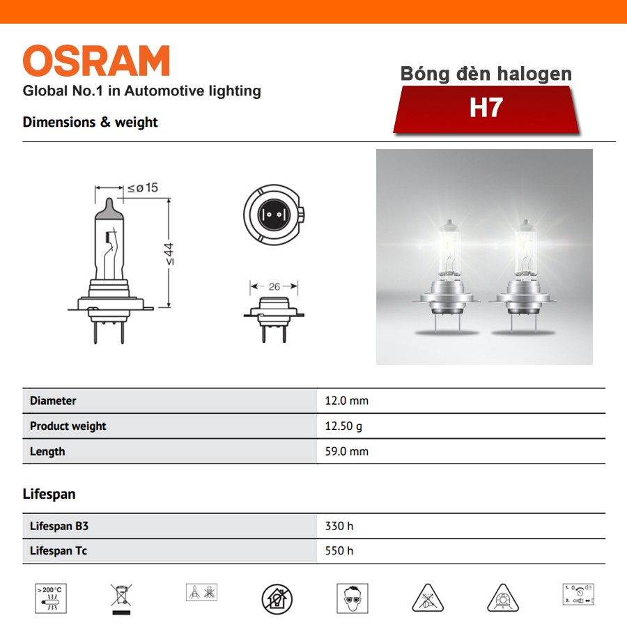 Bóng Đèn Pha/Cos Halogen OSRAM Original Dùng Cho Xe Ô Tô Xe Hơi Chân H7 12V 55W 64210-01B - 3200K 1500LM