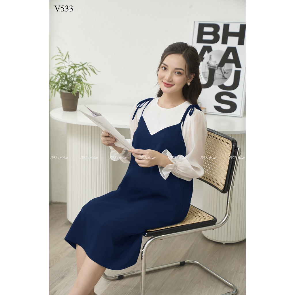 Váy bầu thiết kế công sở dài tay nơ vai dáng dài xuông V533 B2 MUM
