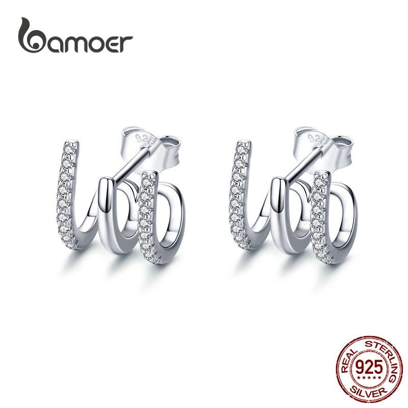 Bamoer Authentic 925 Sterling Sliver Twist Bông Tai Thời Trang CZ Phụ Kiện Nữ SCE585