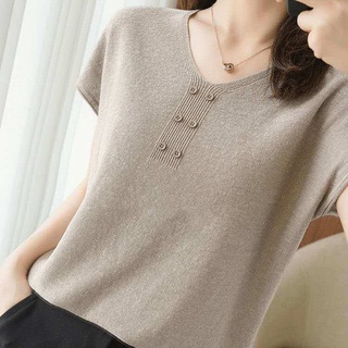 Áo thun dệt kim cổ chữ V Ice Silk Phiên bản Hàn Quốc dáng rộng mỏng hơn trông Size lớn béo MM Nữ màu trơn Nút dệt kim ngắn
