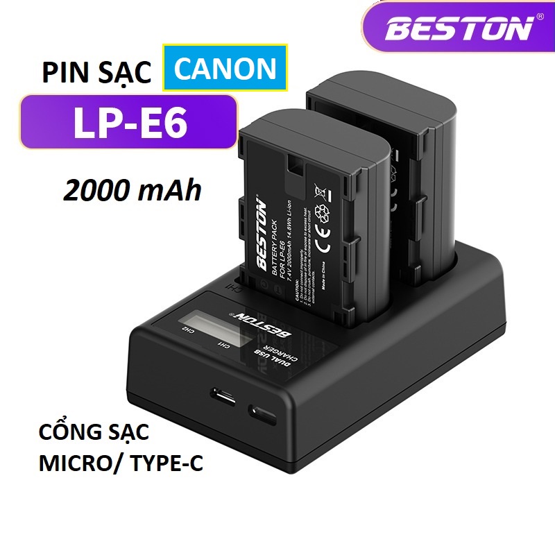 HN  Bộ Pin LP-E6 2000mAh + Sạc Beston Dùng Cho Máy Ảnh Canon EOS 60D 70D 80D 90D 6D 7D 5D Mark IV 5DSR
