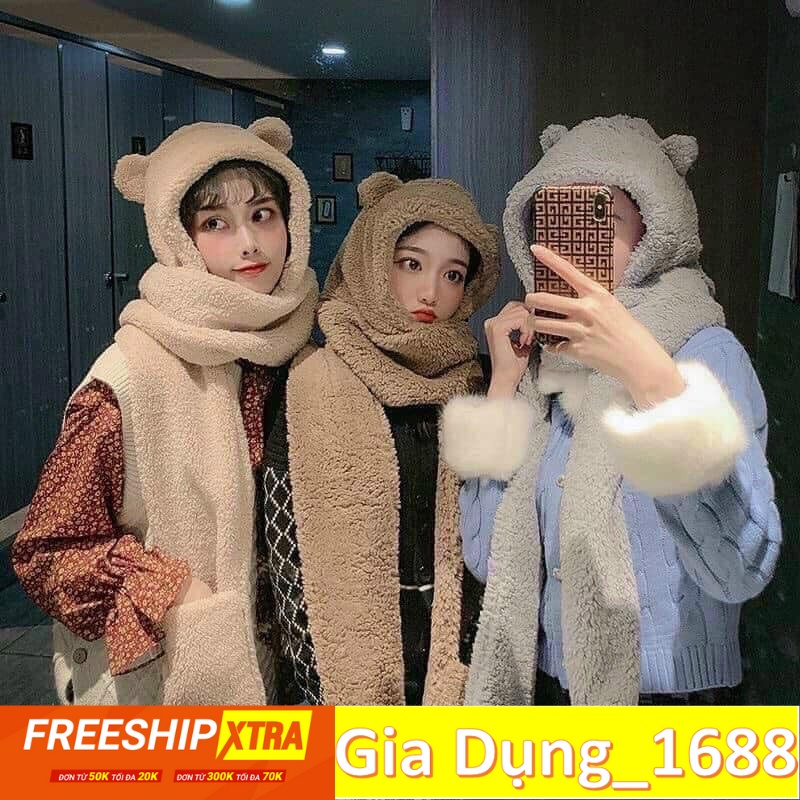 Mũ lông Cừu 3in1 tai gấu 💚CAM KẾT CHUẨN💚 Mũ kèm khăn quàng cổ và sỏ tay kiểu dáng hàng quốc
