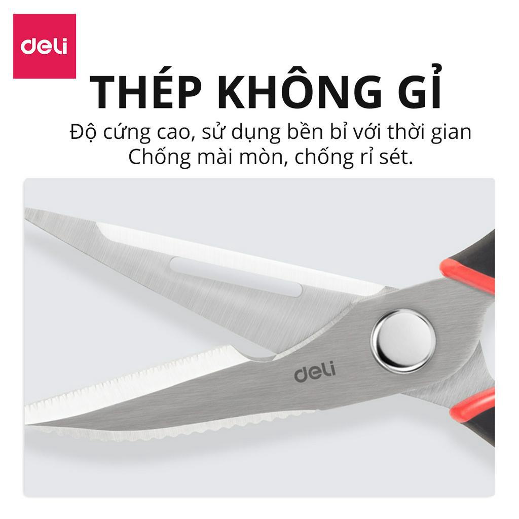 Kéo bếp lưỡi thép không gỉ tháo dời Deli Kéo cắt gà thịt, xương cạo vảy cá, mở nắp chai, kéo đa năng cao cấp - 77770