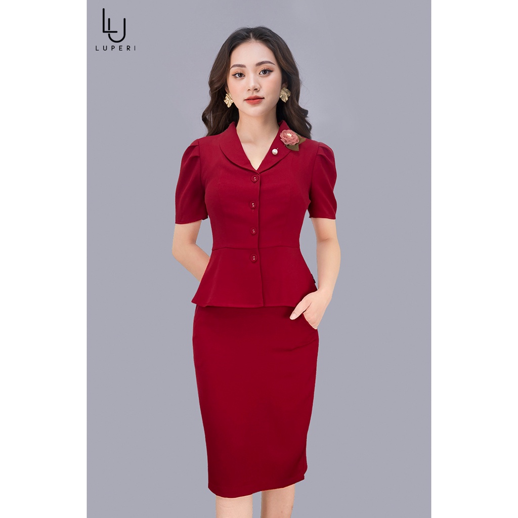 Sét Bộ Cao Cấp Luperi LFSB4107 Áo Cổ Vest phối chân váy bút chì, sang trọng.