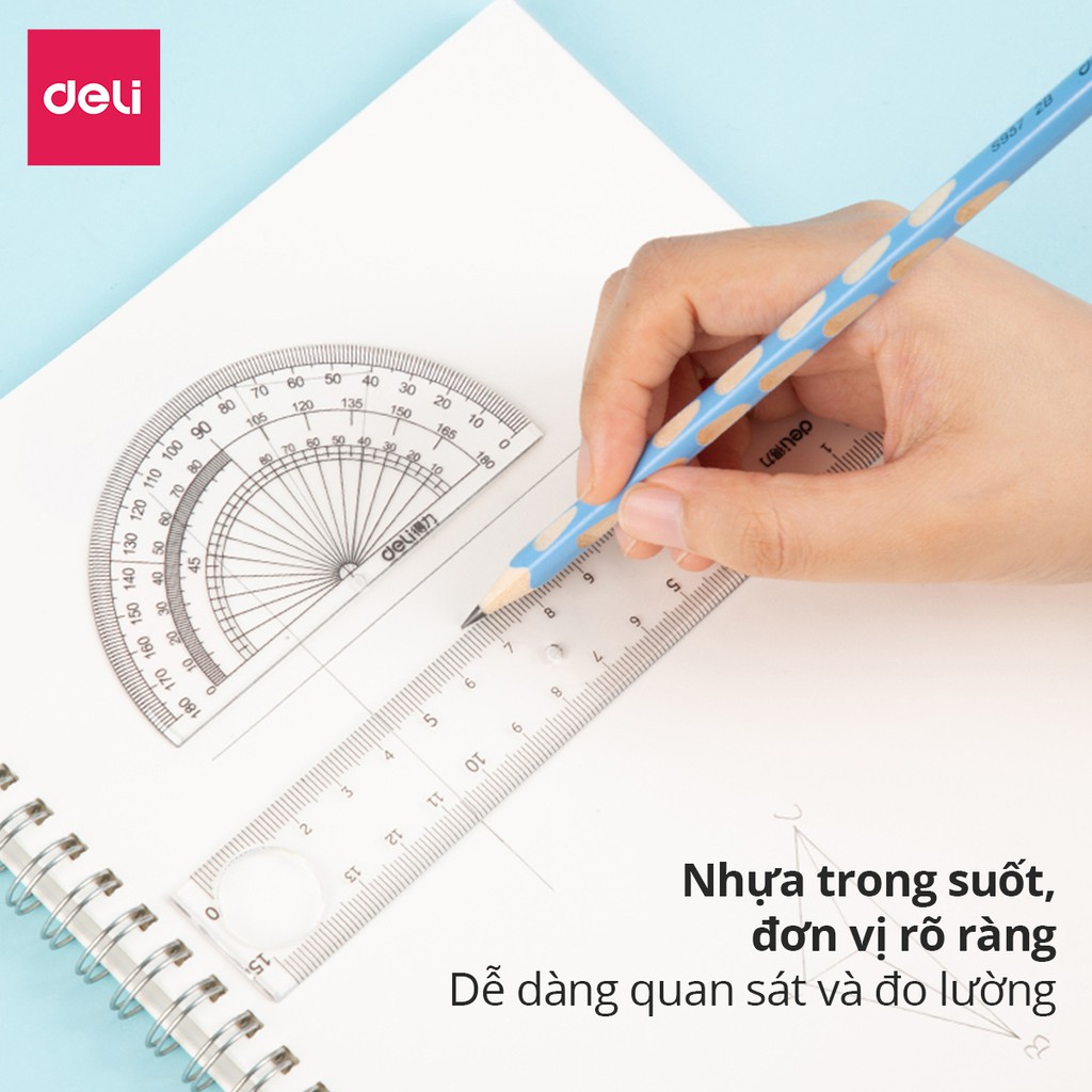 Ảnh Bộ thước kẻ, thước đo độ, eke Deli cho học sinh bộ dụng cụ học tập 4 chiếc Trong suốt, dễ nhìn và đo chính xác 3
