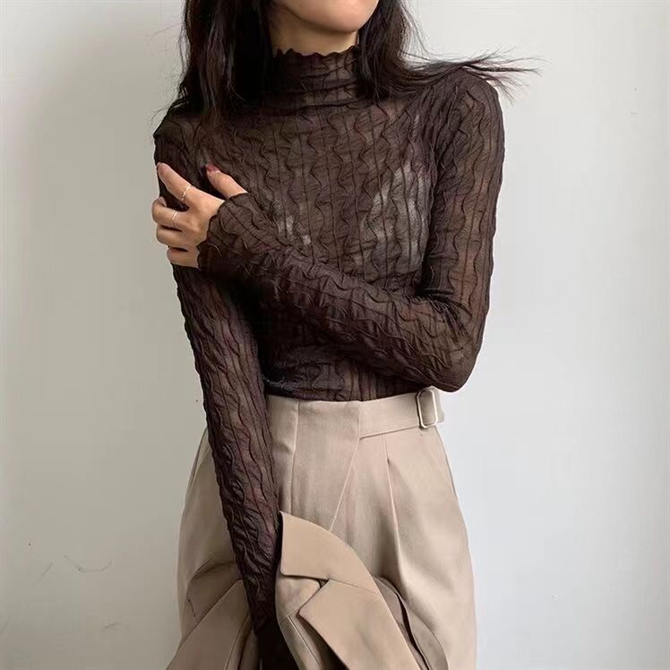 Milyfashion Cổ Cao Lưới Đế Mùa Thu Bên Trong Trận Đấu Phong Cách Mới Trong Suốt Ren Dài Tay T Họa Tiết Vải